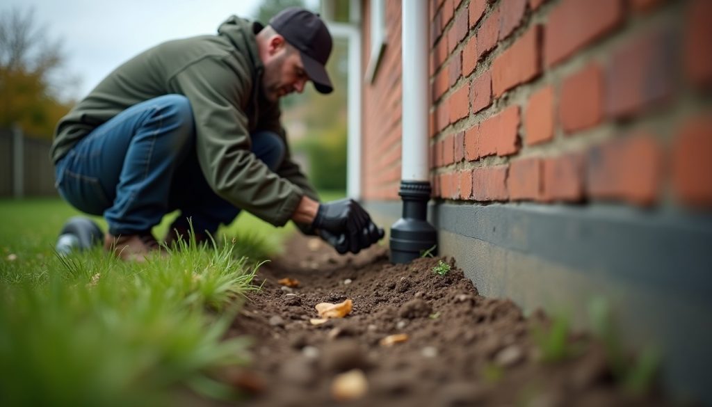 Pest control technician applying treatment along the exterior foundation line where brickwork meets soil
