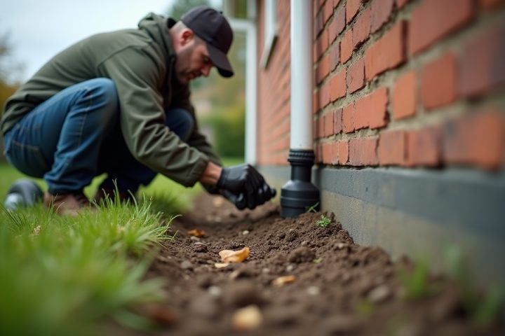 Pest control technician applying treatment along the exterior foundation line where brickwork meets soil