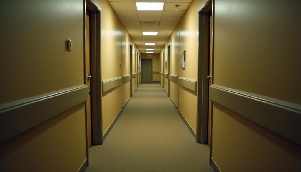 Corridor of an apartment building with identical doors receding, where pests move between adjoining units