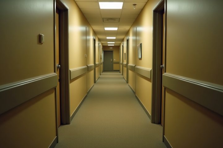 Corridor of an apartment building with identical doors receding, where pests move between adjoining units