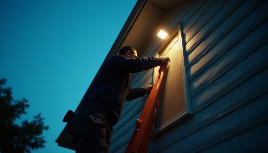 Technician on a ladder at dusk fitting a one-way bat exclusion device at the roofline gable of a house