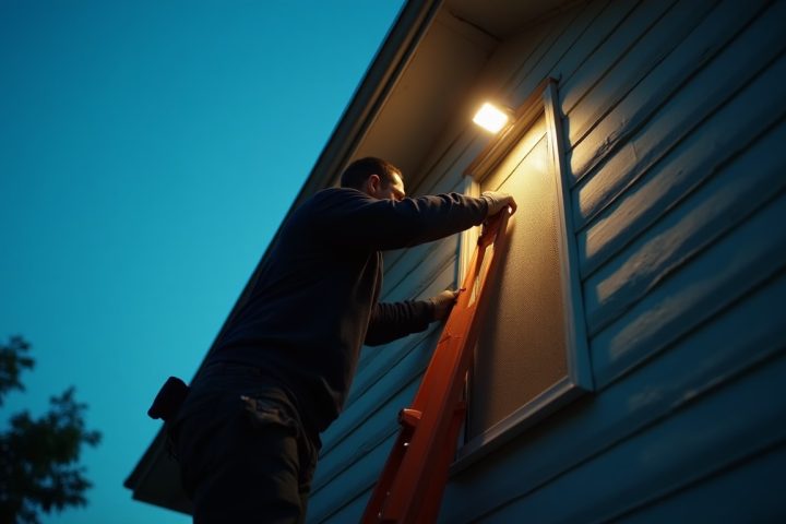 Technician on a ladder at dusk fitting a one-way bat exclusion device at the roofline gable of a house