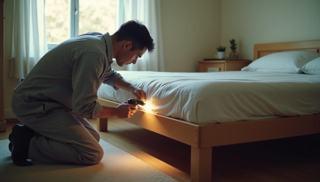 Pest control technician inspecting a stripped mattress seam with a flashlight during a bed bug treatment