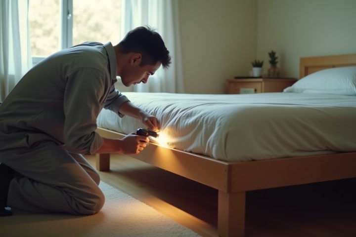 Pest control technician inspecting a stripped mattress seam with a flashlight during a bed bug treatment