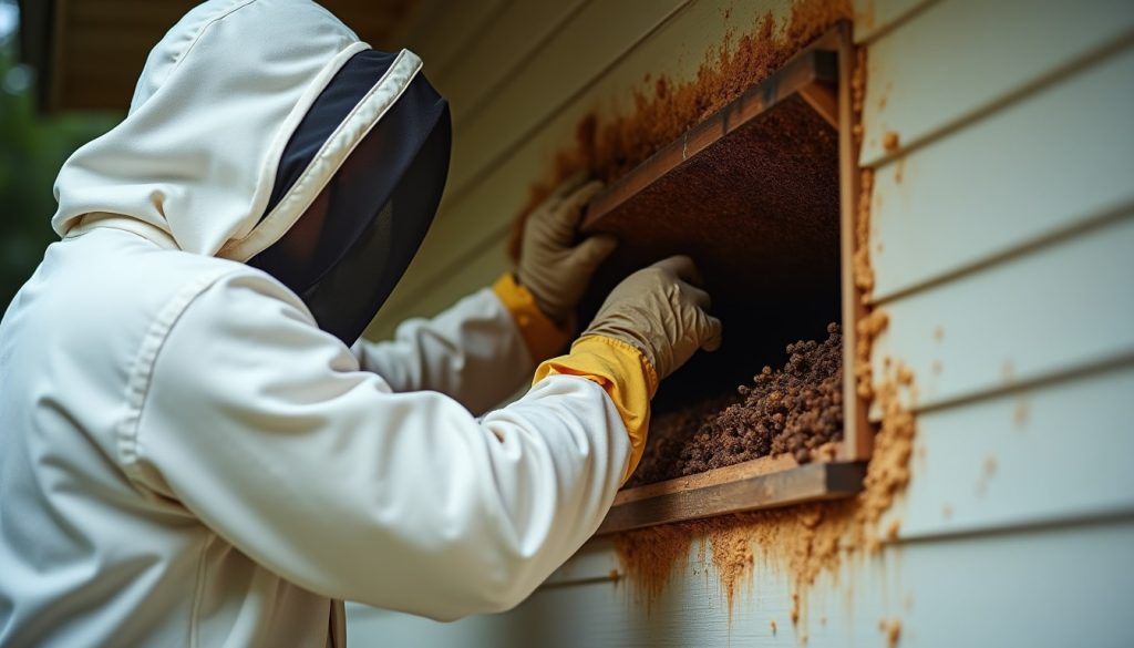 Beekeeper in a protective suit removing honeycomb from an opened wall cavity during a live bee cutout