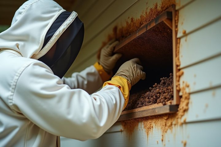 Beekeeper in a protective suit removing honeycomb from an opened wall cavity during a live bee cutout