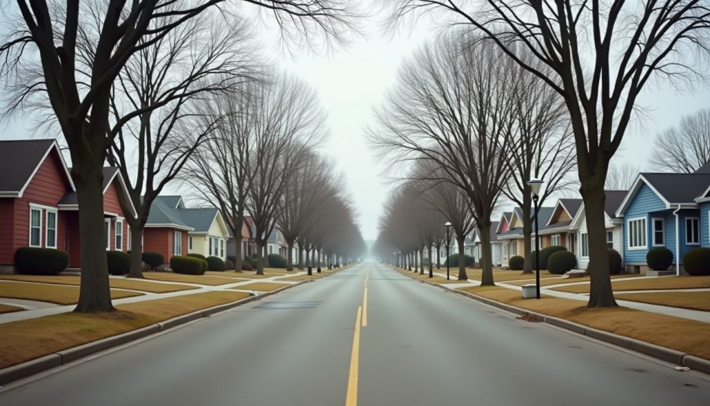 Quiet residential street of modest single family houses in a midwestern American town, the housing stock pest control operators serve