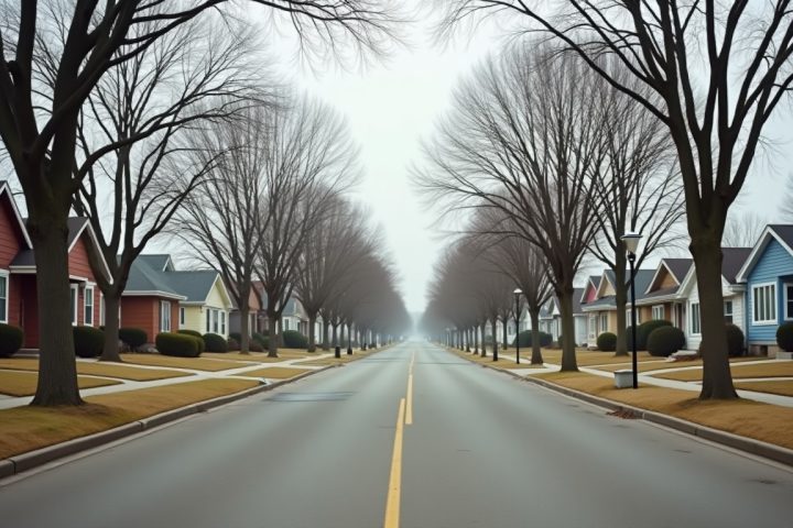 Quiet residential street of modest single family houses in a midwestern American town, the housing stock pest control operators serve