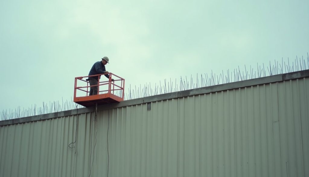Technician on an elevated platform installing anti-perching spikes along the ledge of a commercial building
