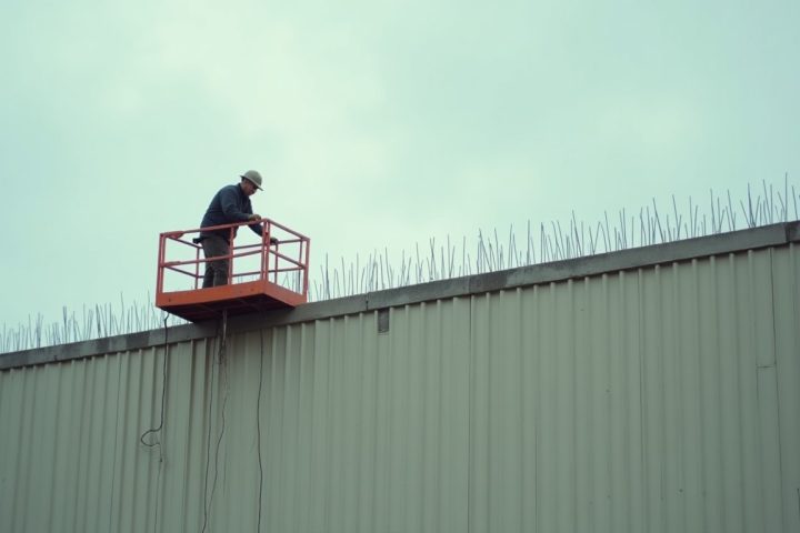 Technician on an elevated platform installing anti-perching spikes along the ledge of a commercial building