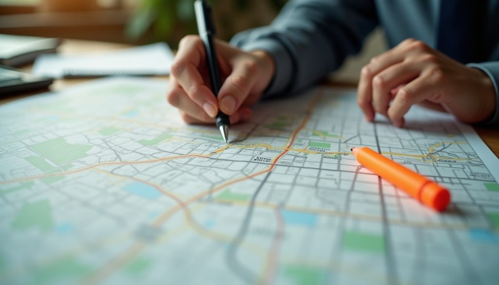 Hands tracing a route on a large paper street map with a pen and highlighter during route diligence