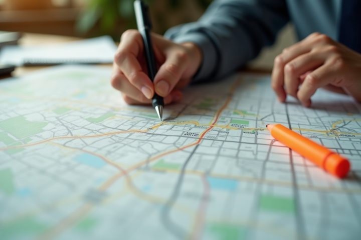 Hands tracing a route on a large paper street map with a pen and highlighter during route diligence