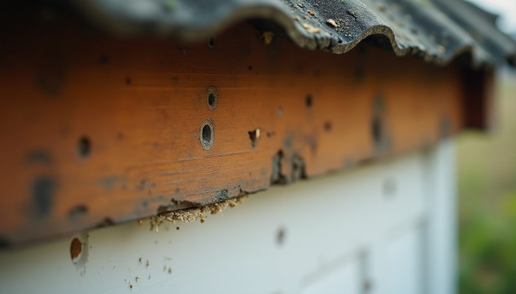 Weathered timber fascia beneath a house eave showing round carpenter bee boreholes with sawdust below