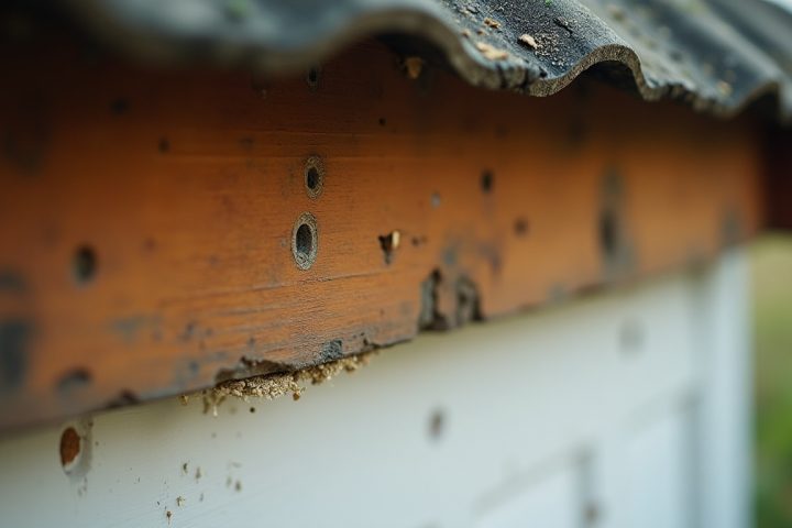 Weathered timber fascia beneath a house eave showing round carpenter bee boreholes with sawdust below