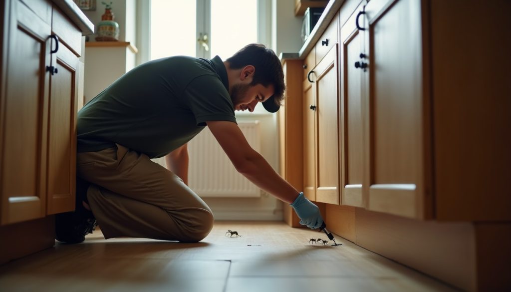 Pest control technician applying gel bait along a kitchen cabinet toe kick during a cockroach treatment
