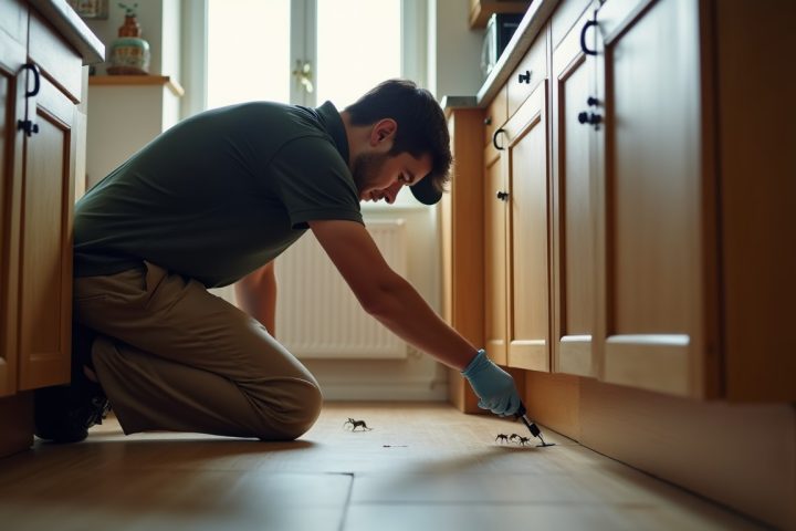 Pest control technician applying gel bait along a kitchen cabinet toe kick during a cockroach treatment