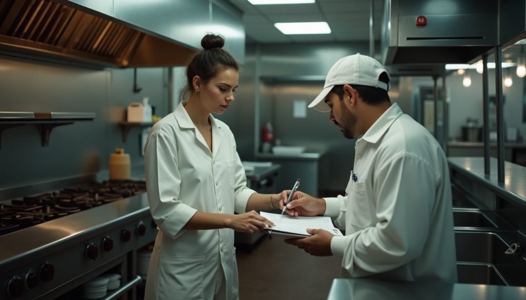 Pest control technician completing a service logbook beside a monitoring station in a commercial restaurant kitchen