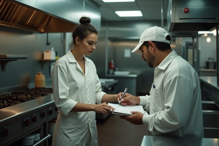 Pest control technician completing a service logbook beside a monitoring station in a commercial restaurant kitchen