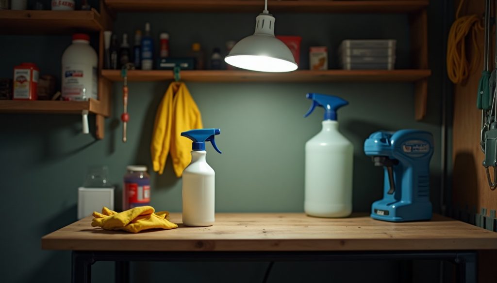 Garage workbench with household spray bottles alongside professional pest control equipment