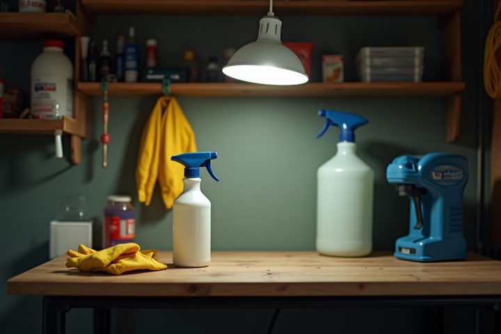 Garage workbench with household spray bottles alongside professional pest control equipment