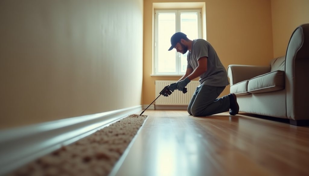 Technician treating a carpet edge and skirting board with a handheld sprayer in a cleared living room