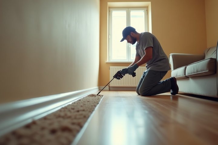 Technician treating a carpet edge and skirting board with a handheld sprayer in a cleared living room