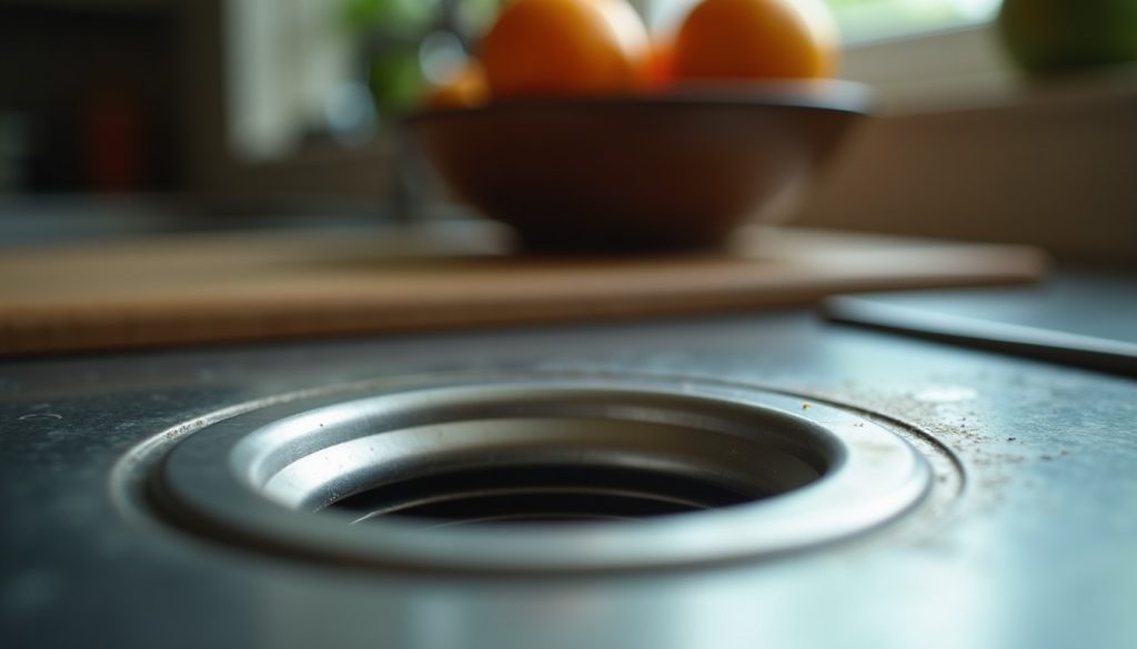 Stainless steel kitchen sink drain with a bowl of ripe fruit behind, the two common breeding sources for small flies