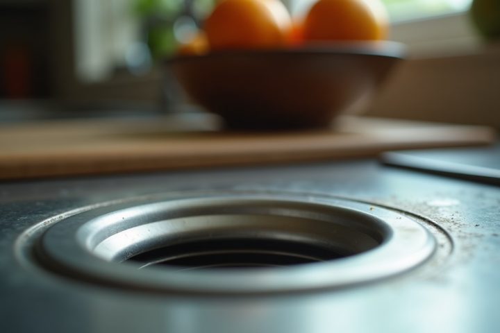 Stainless steel kitchen sink drain with a bowl of ripe fruit behind, the two common breeding sources for small flies