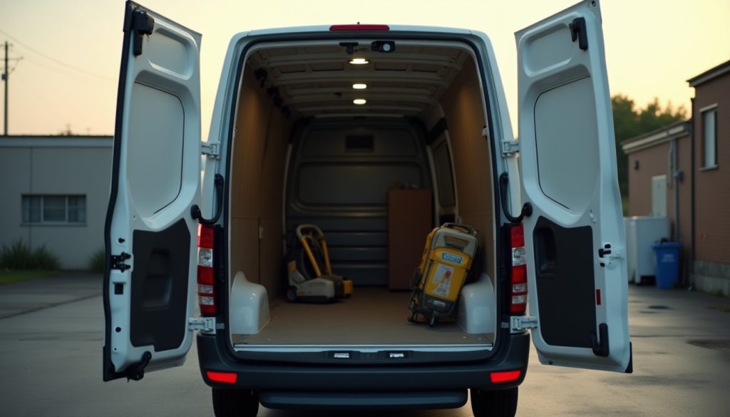 Empty pest control service van with its doors open in a depot yard, equipment stowed and nobody present