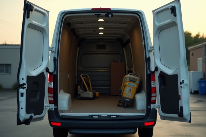 Empty pest control service van with its doors open in a depot yard, equipment stowed and nobody present