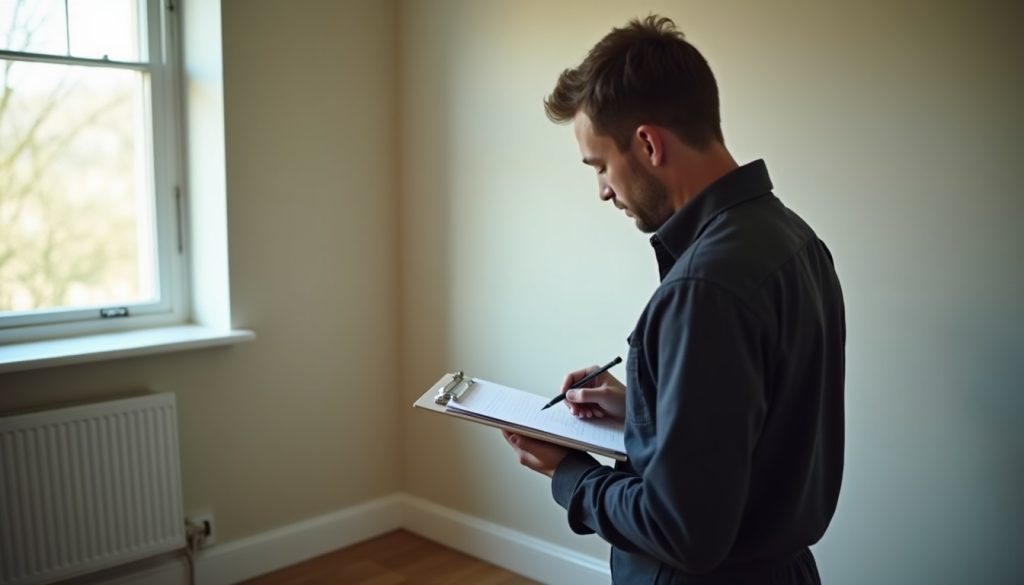 Pest control technician recording a service visit on a clipboard beside a treated skirting board