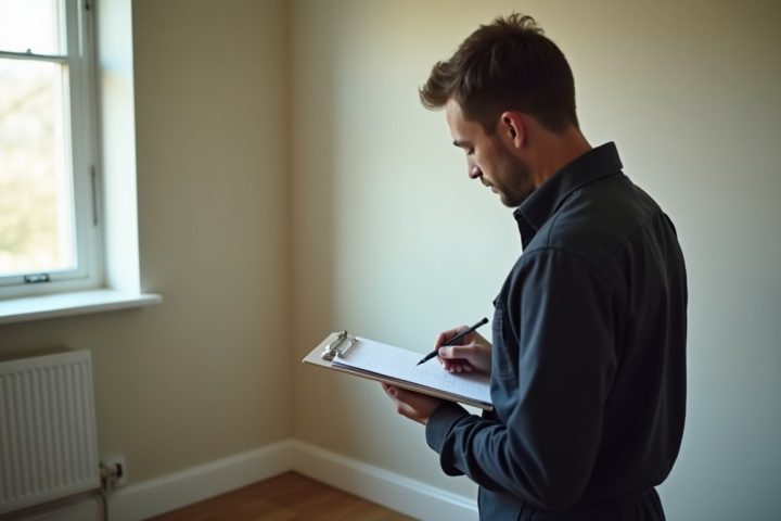 Pest control technician recording a service visit on a clipboard beside a treated skirting board