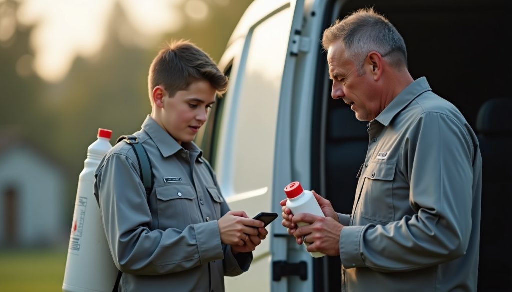 Trainee pest control technician being shown a pesticide product label by an experienced colleague at a service van