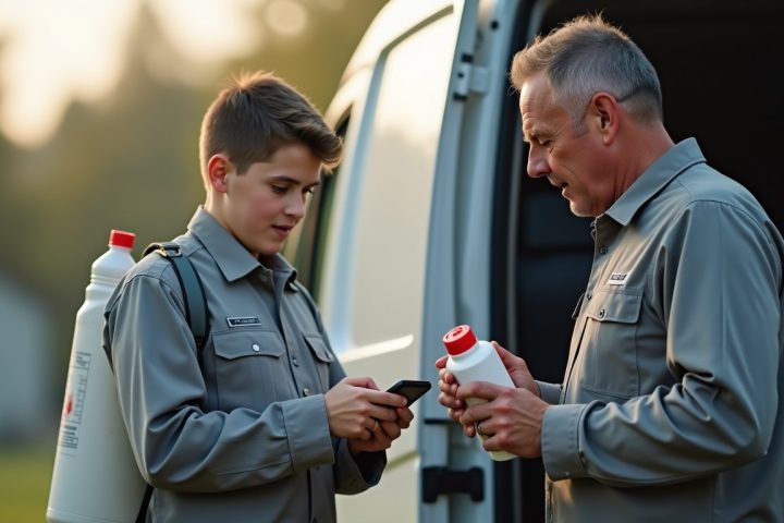 Trainee pest control technician being shown a pesticide product label by an experienced colleague at a service van