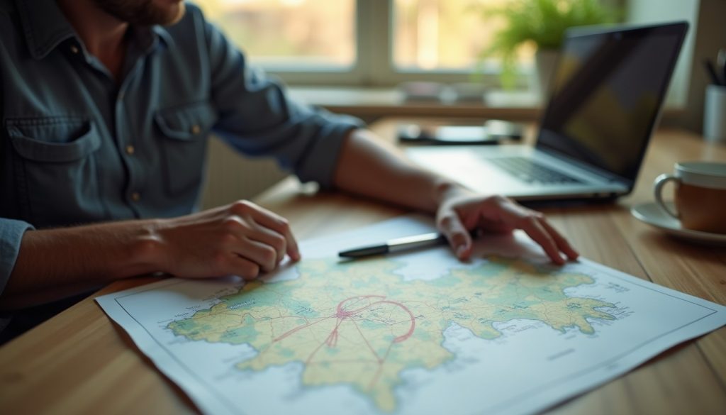 Pest control business owner reviewing a laptop and a marked-up service area map at a kitchen table