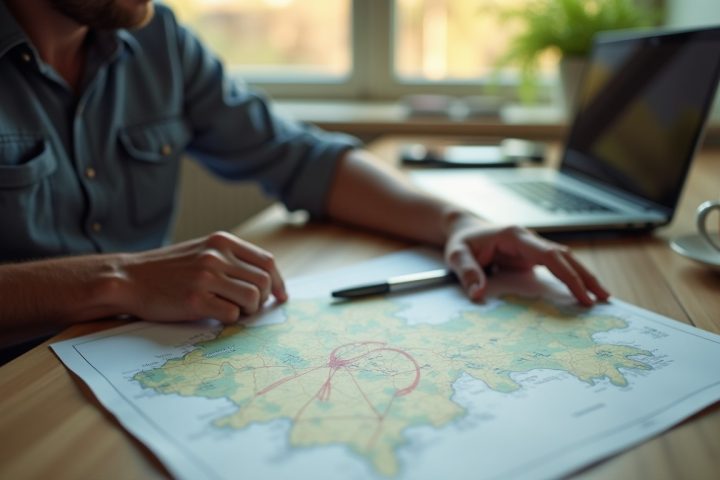 Pest control business owner reviewing a laptop and a marked-up service area map at a kitchen table