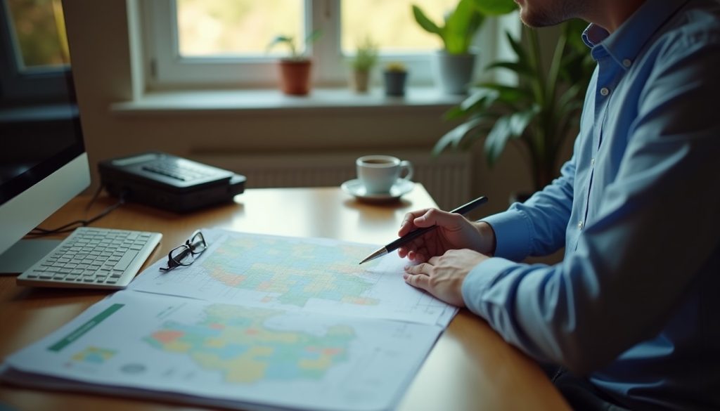 Pest control business owner reviewing a route map and service tickets at an office desk