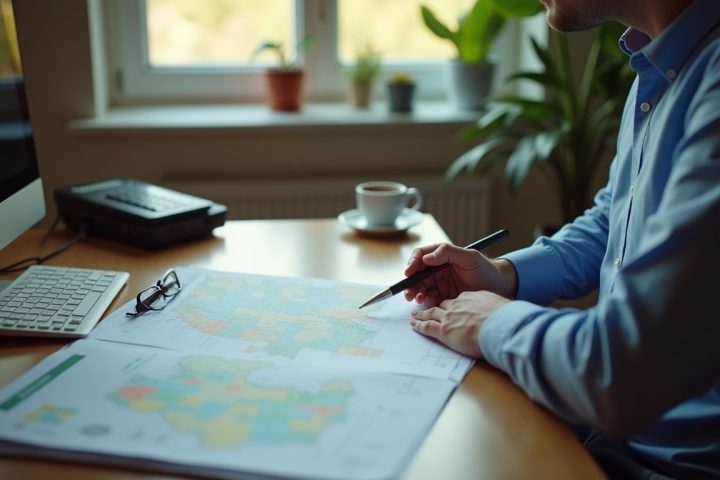 Pest control business owner reviewing a route map and service tickets at an office desk