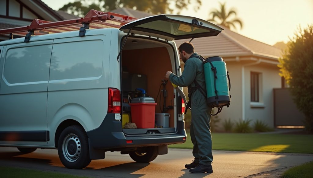 Solo pest control operator loading a backpack sprayer into a service van on a suburban driveway