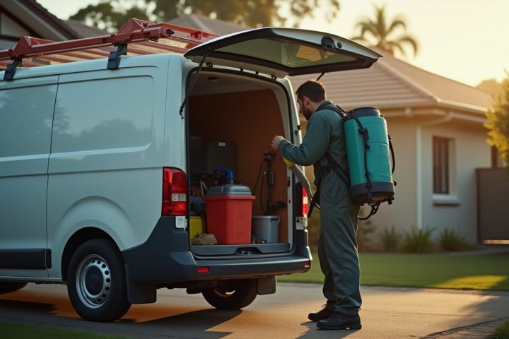 Solo pest control operator loading a backpack sprayer into a service van on a suburban driveway