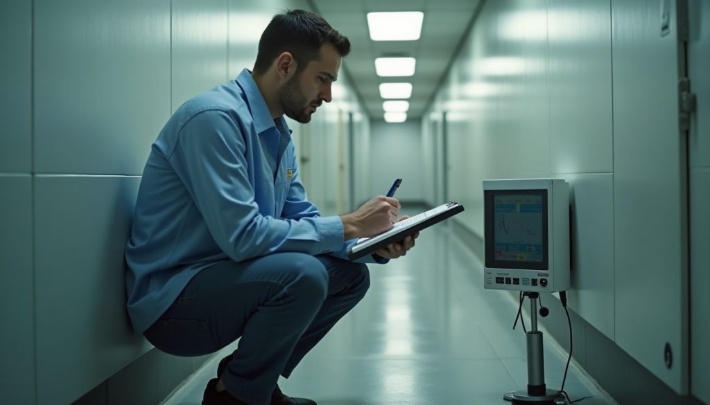 Technician crouched inspecting a monitoring station against a wall base and recording the finding on a clipboard
