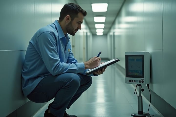 Technician crouched inspecting a monitoring station against a wall base and recording the finding on a clipboard