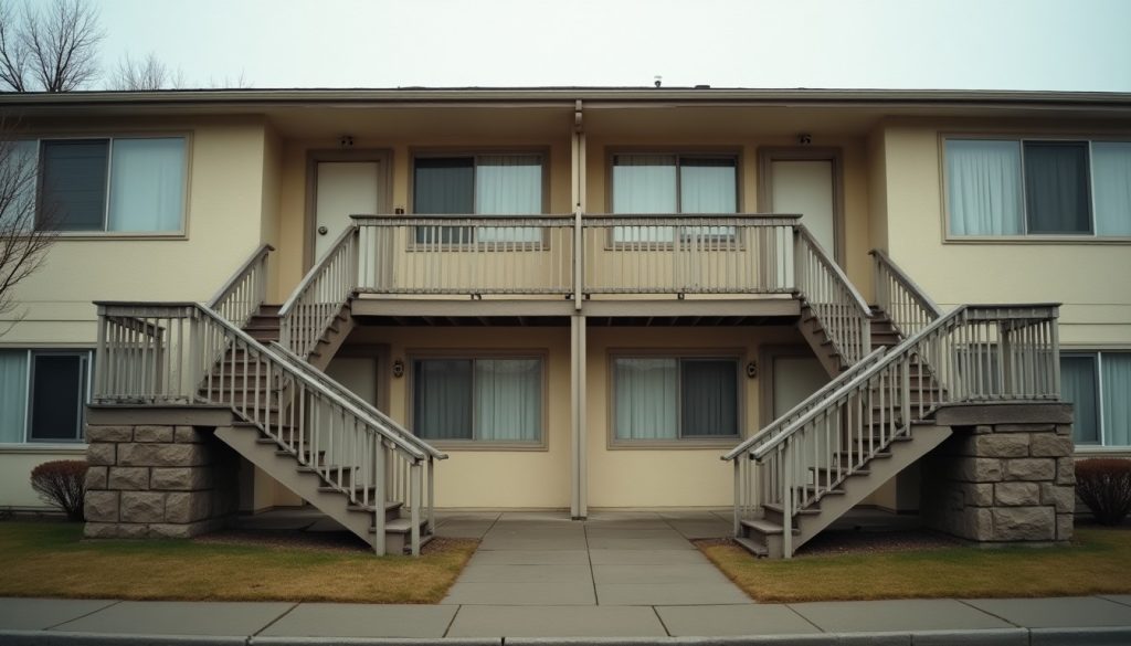 Exterior of a modest two storey apartment building with external stairs and multiple front doors