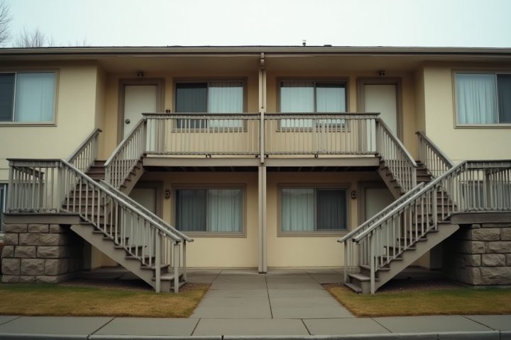Exterior of a modest two storey apartment building with external stairs and multiple front doors