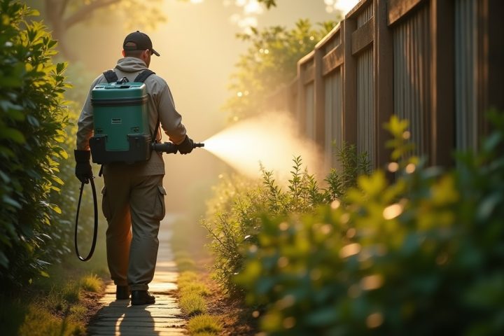 Technician using a backpack mist blower to treat dense shrubbery along a garden fence line