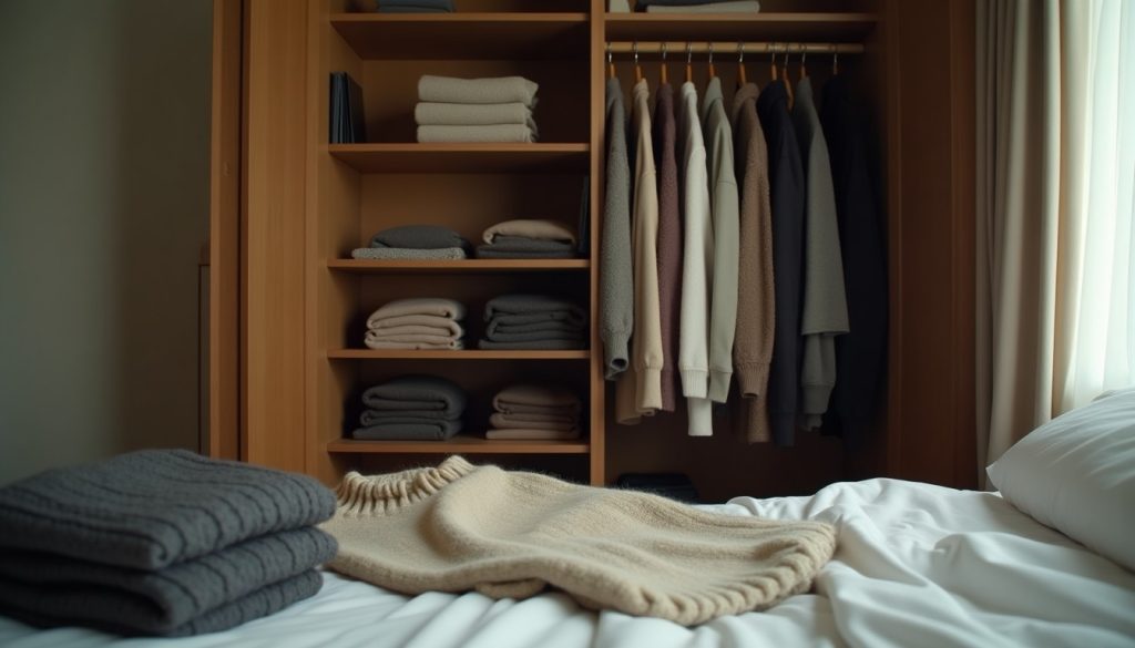 Open wardrobe with folded woollen knitwear and hanging garments being inspected for clothes moth damage