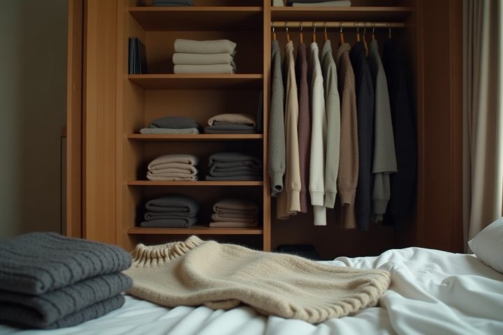 Open wardrobe with folded woollen knitwear and hanging garments being inspected for clothes moth damage