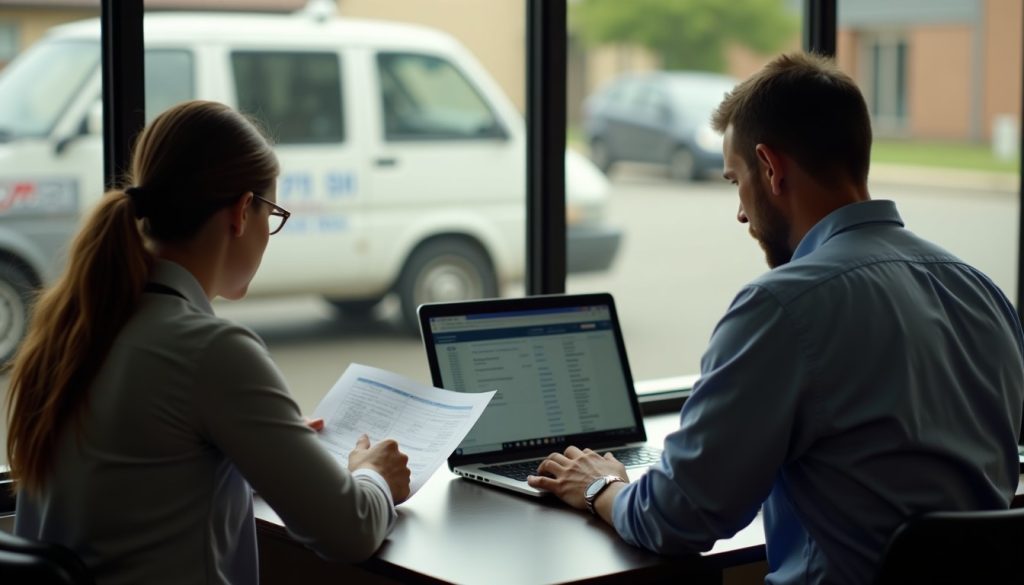 Two people reviewing route schedules and financial records in a small pest control company office