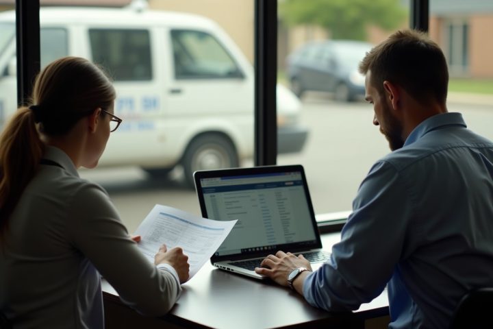 Two people reviewing route schedules and financial records in a small pest control company office