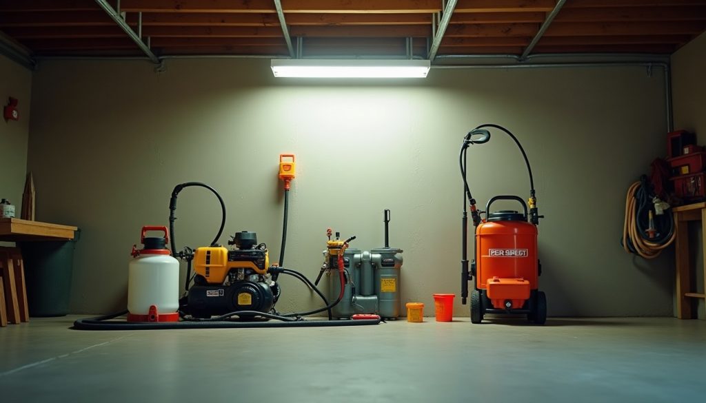 Pest control equipment laid out on a garage floor including sprayers, duster, hose and safety gear